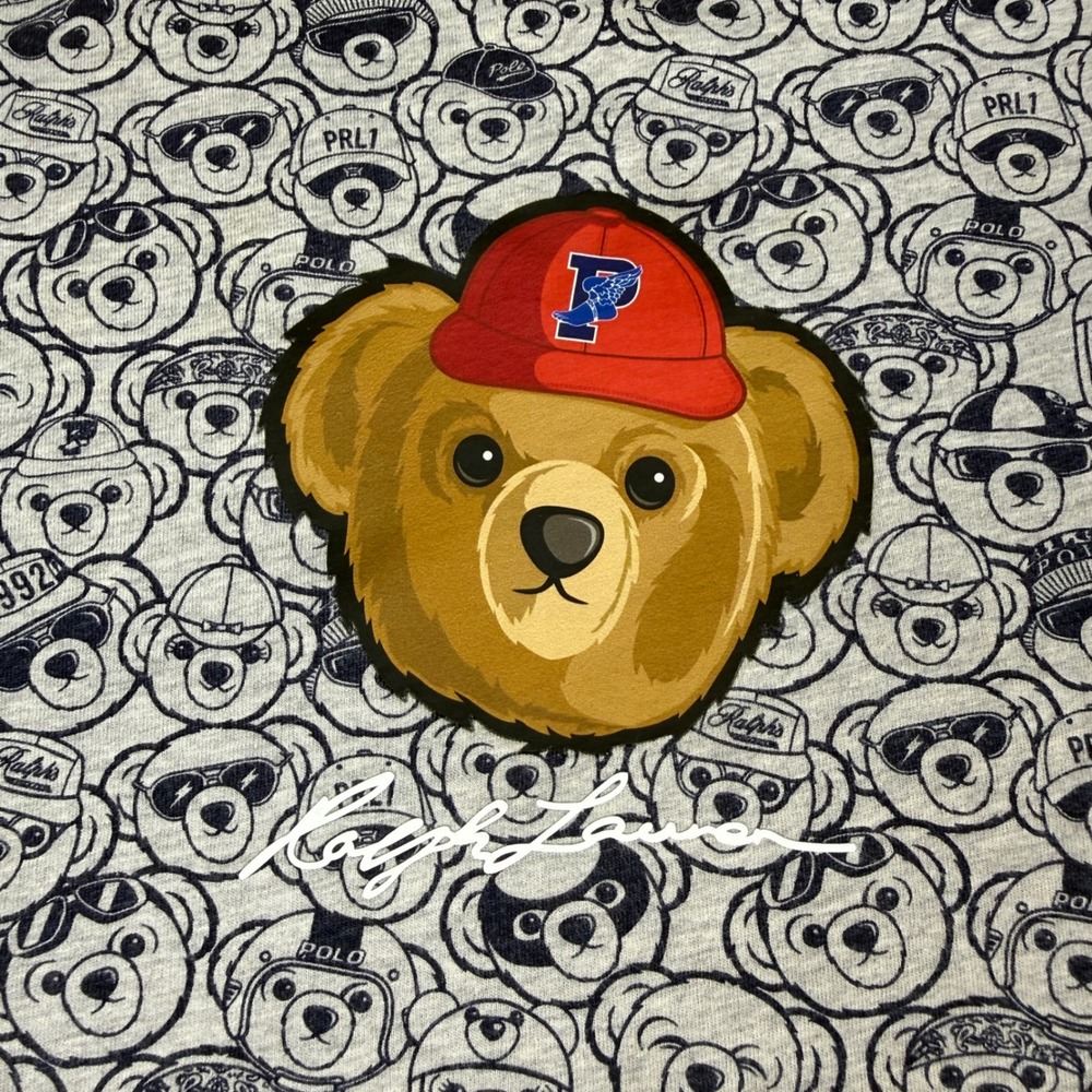 Polo Ralph Lauren Bear T-Shirt Boys 8 Gray All Over Print Preppy Graphic Tee - Picture 2 of 5